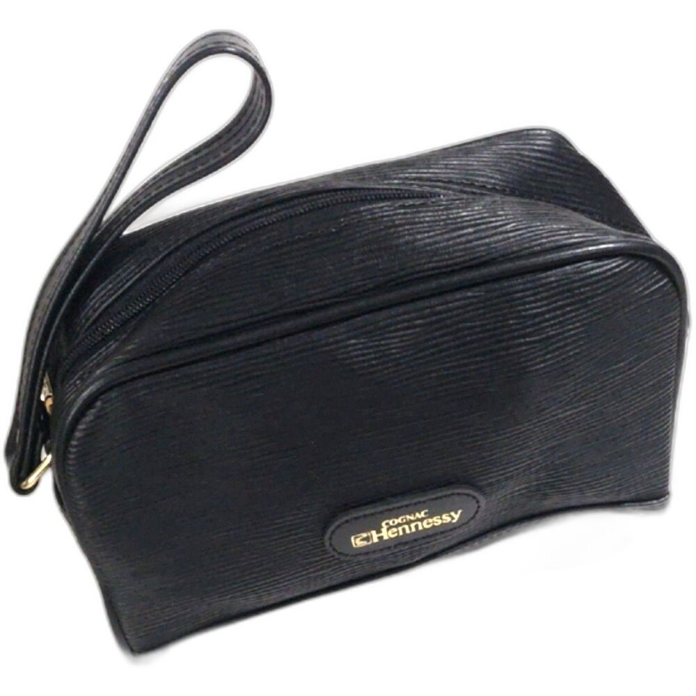 Hennessy Leather Toiletry Bag Wristlet Cognac Black Textured Unisex Travel Pouch